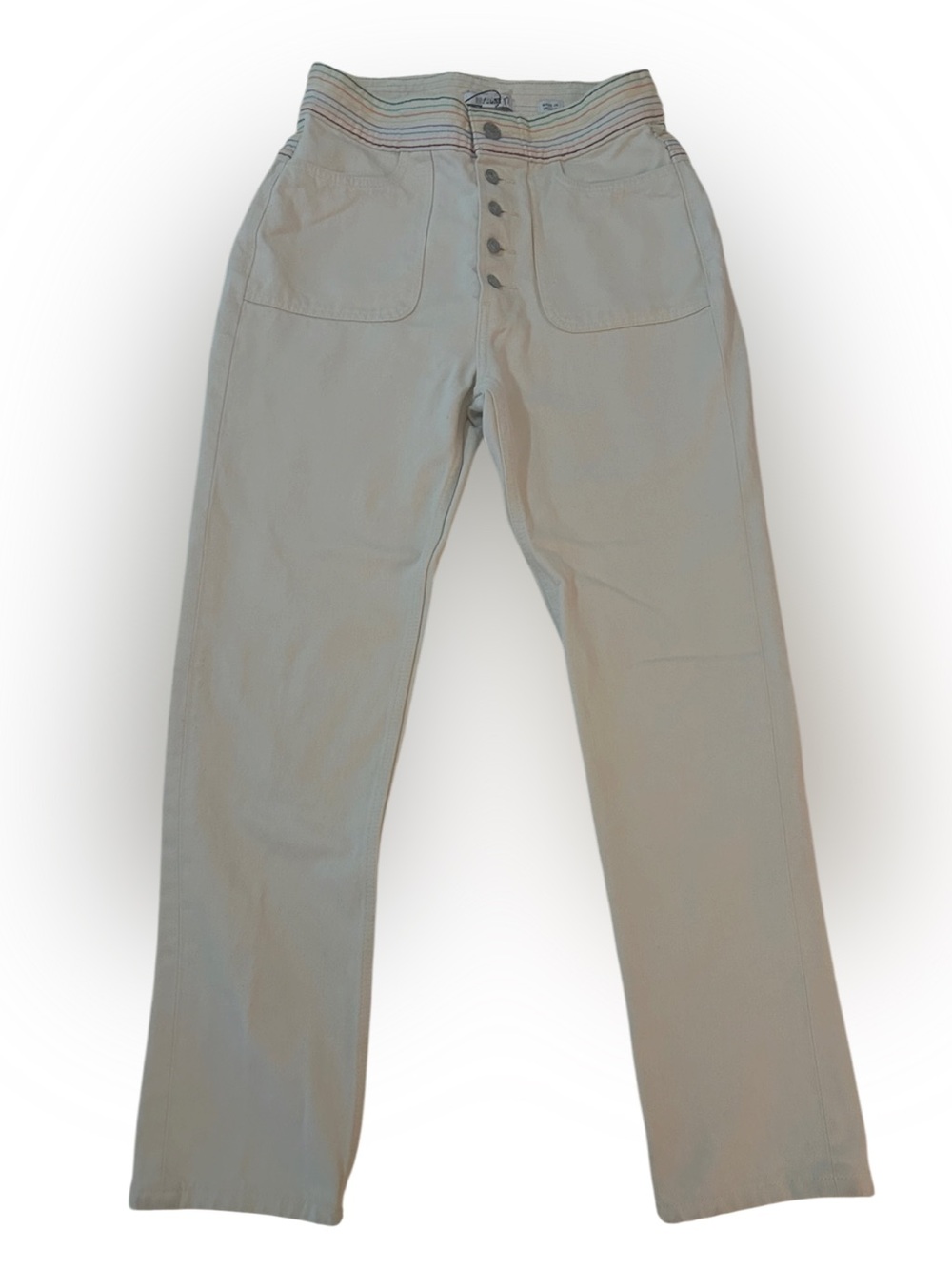Re/Done High-Waist Button Front Pants with Rainbow Waistband 27
